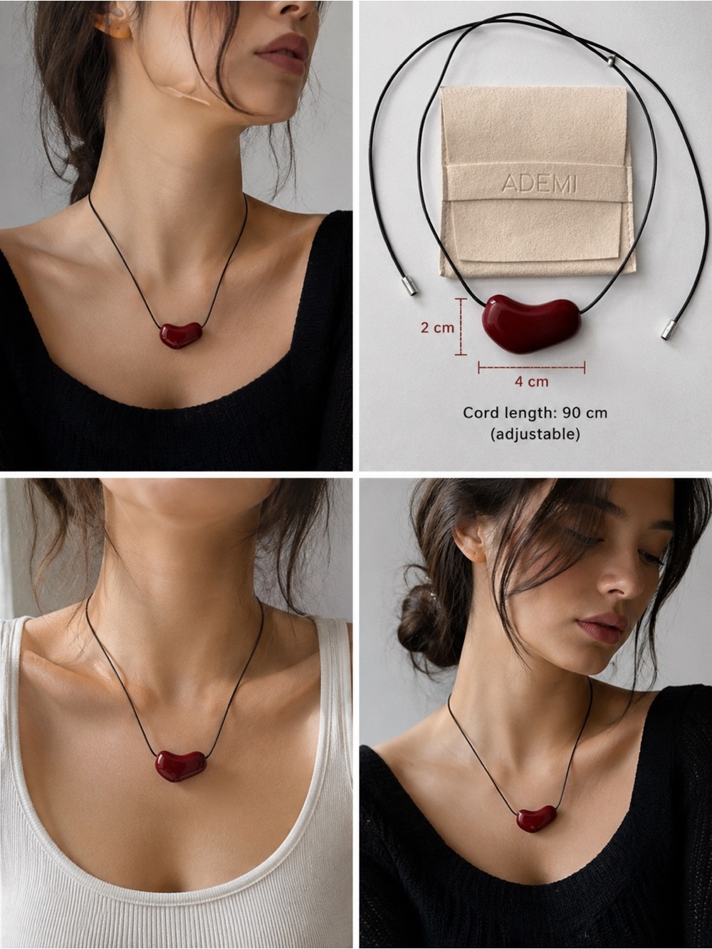 ADEMI Deep Red Glass Heart Pendant on Black Cord